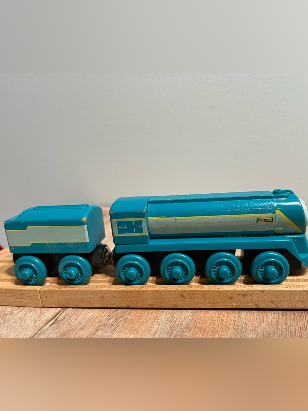 CONNOR Teal Wooden Tanker Train Car with Yellow Stripe